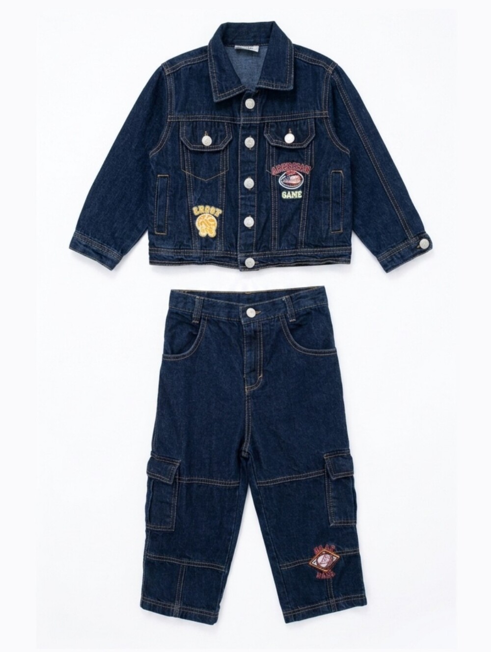 Vintage Tuff Guys 2 Piece Sports Patch Denim Set Jacket & Cargo Pants Boys 3T